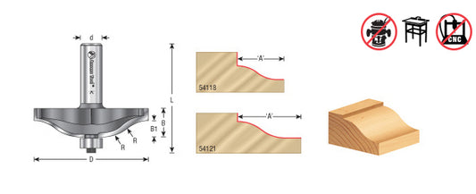 Router Bit - 7/8 R x 3-3/8 D x 9/16 x 1/2 Shank - Carb. Tipped Ogee Raised Panel 54121