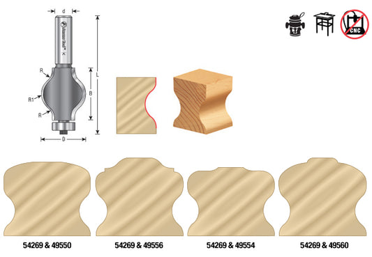 Router Bit - 1/8 x 1/2 R x 1-1/4 Dia x 1-1/2 x 1/2 - Shank - Carbide Tipped Handrail 54269