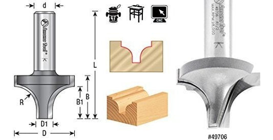 Router Bit - 1/2 R x 1-3/8 D x 1 CH x 1/2 SHK - Carb. Tipped Plunging Round Over 49706