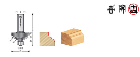 Router Bit - 3/8 x 3/8 R x 2 D x 1 CH x 1/2 SHK - Carb. Tipped Classical Cove&Bead 54135