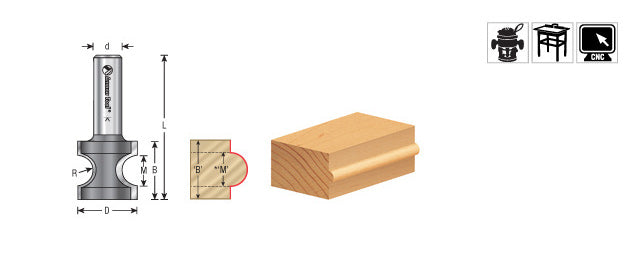 Router Bit - 1/2 R x 1-11/16 D x 1-9/16 CH x 1/2 SHK - Carbide Tipped Bullnose 51562