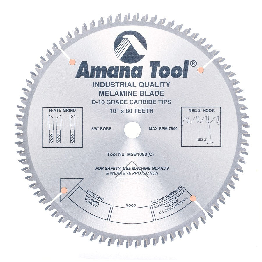 Circular Saw Blade - MSB1080 10 Inch D x 80T H-ATB, -2 Deg, 5/8 Bore - Melamine